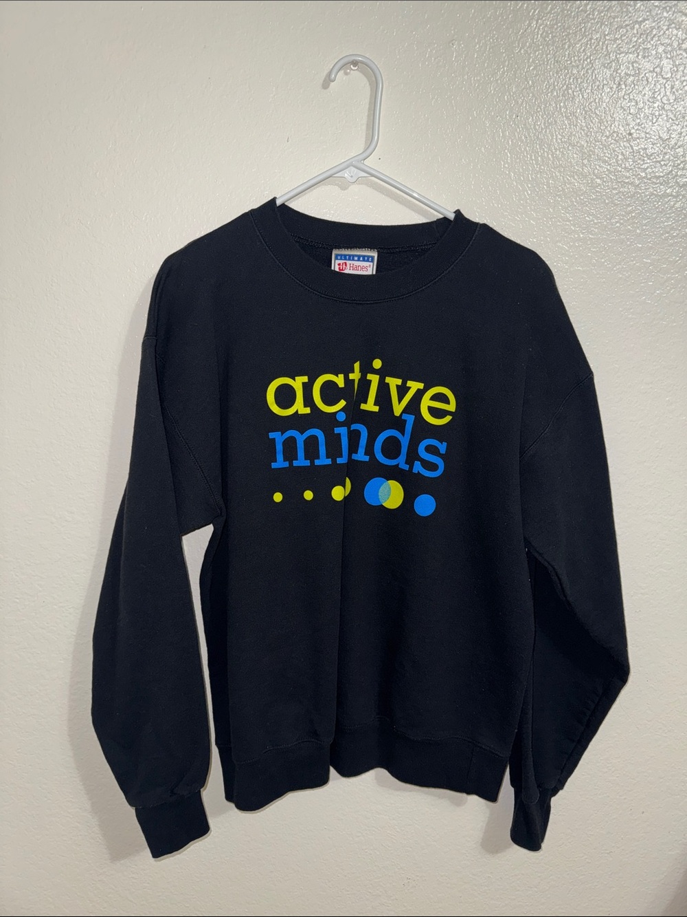 Hanes Black Crewneck Sweatshirt with Yellow and Blue "active minds" Graphic